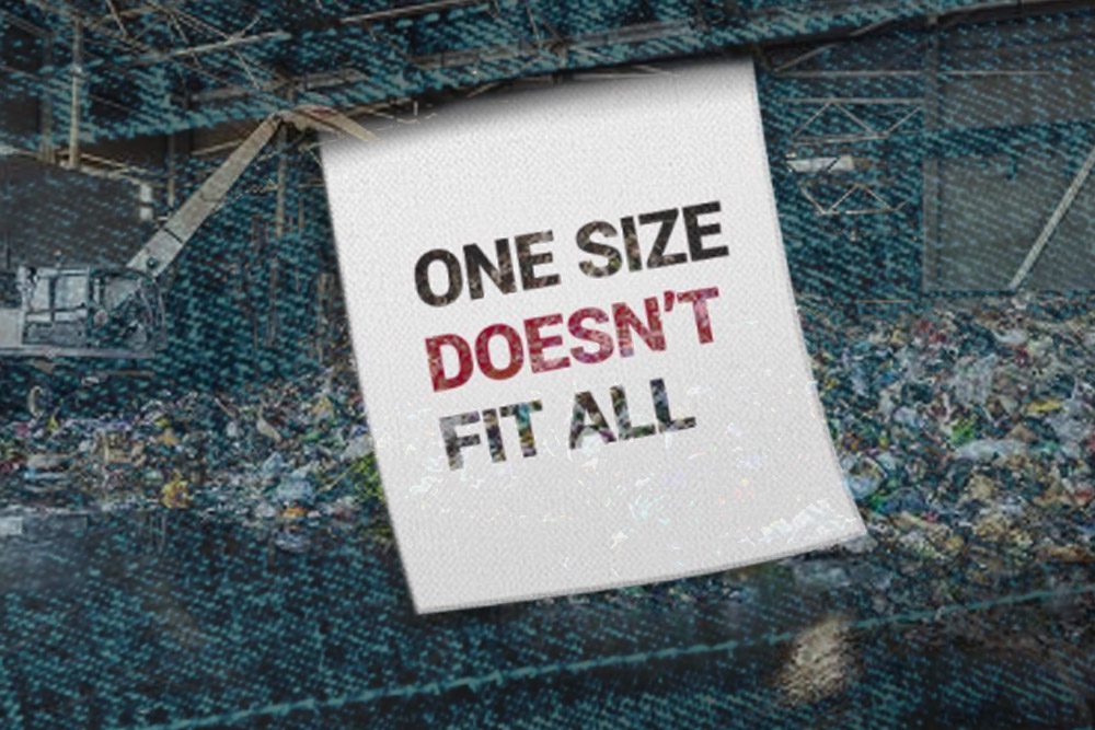 tag saying "one size doesn't fit all", referencing how, like clothing, landfill odor mitigation techniques cant be cookie cutter.